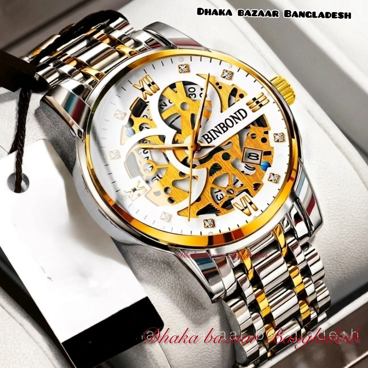 BINBOND BB12 VIBES পুরুষের জন্য নন মেকানিক্যাল ওয়াটার প্রুফ ঘড়ি SILVER GOLDEN WHITE