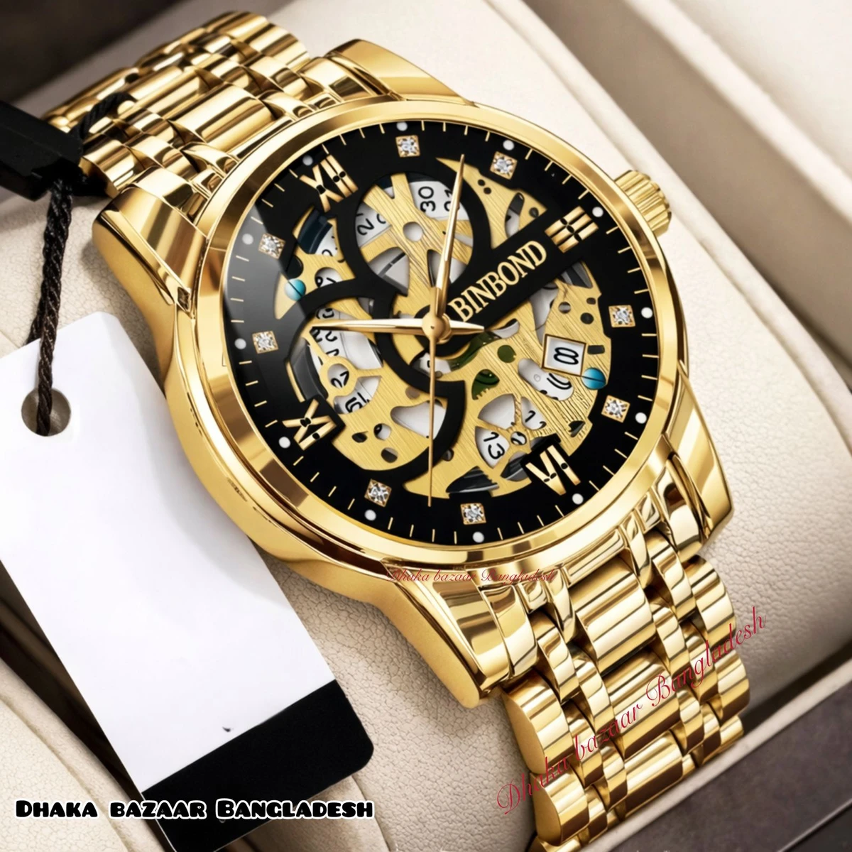 BINBOND BB12 VIBES পুরুষের জন্য নন মেকানিক্যাল ওয়াটার প্রুফ ঘড়ি GOLDEN BLACK