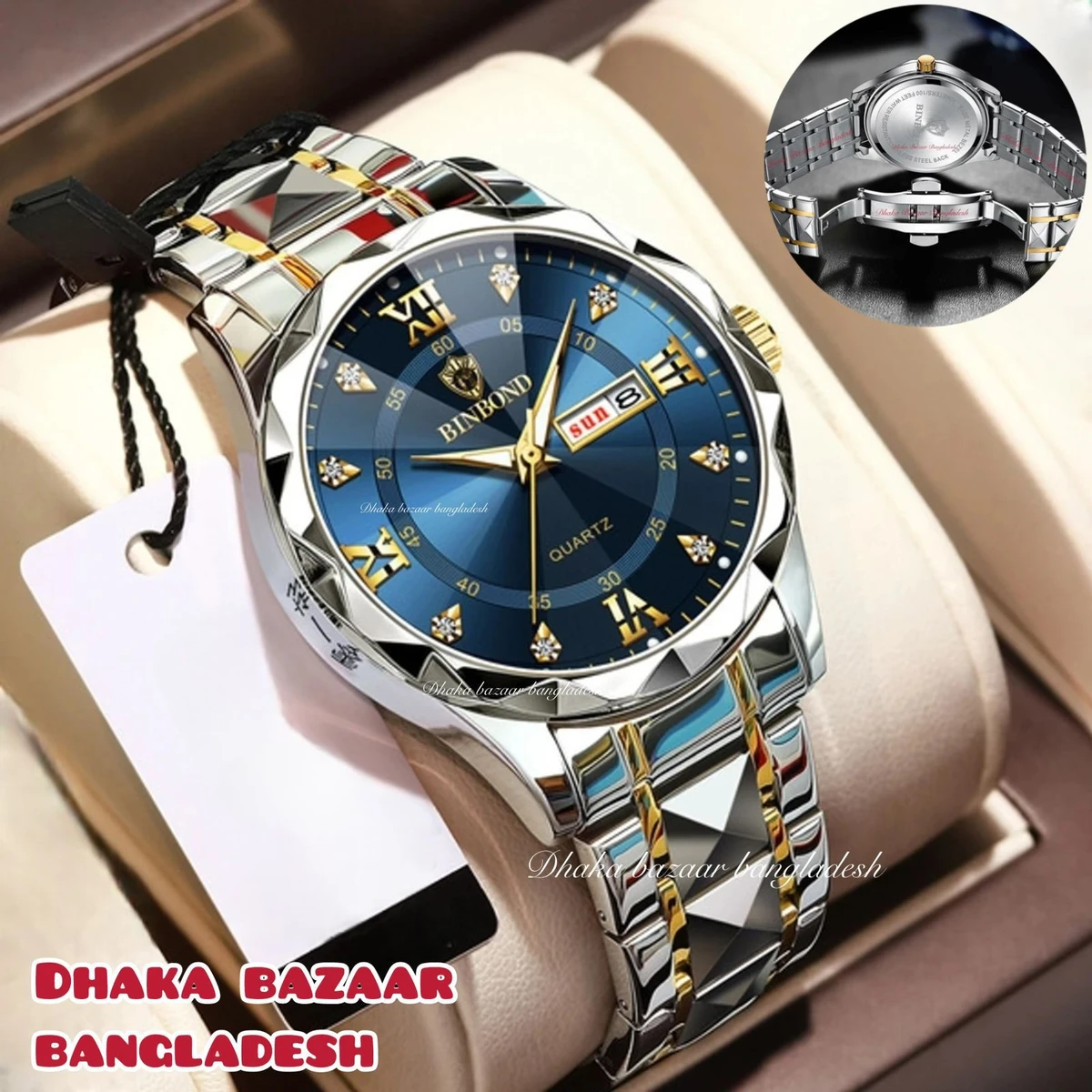 BINBOND 5512 ডায়মন্ড কাটিং এবং বাটারফ্লাই লক নতুন ডিজাইনের পুরুষদের জন্য ঘড়ি SILBER GOLDEN BLUE1