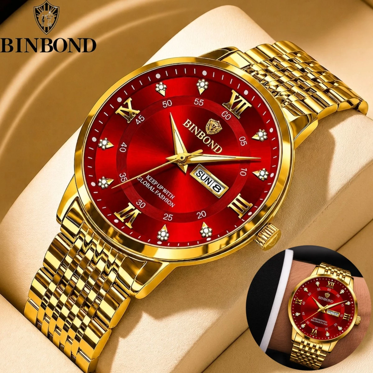 BINBOND 23 নতুন ডিজাইনের পুরুষদের জন্য ঘড়ি GOLDEN RED