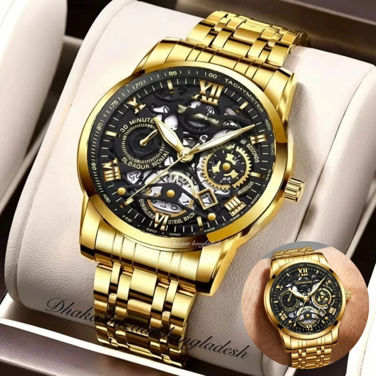 BINCU 2020 পুরুষের জন্যVনন মেকানিক্যাল ওয়াটার প্রুফ ঘড়ি  GOLDEN BLACK
