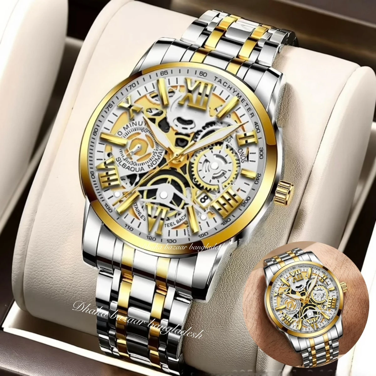 BINCU 2020 পুরুষের জন্যVনন মেকানিক্যাল ওয়াটার প্রুফ ঘড়ি SILVER GOLDEN WHITE