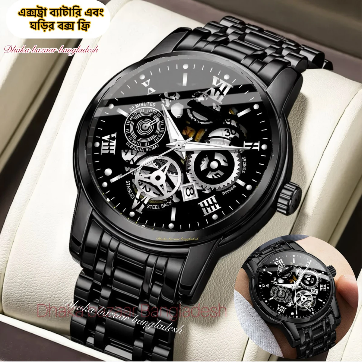 BINCU 2020 পুরুষের জন্যVনন মেকানিক্যাল ওয়াটার প্রুফ ঘড়ি BLACK