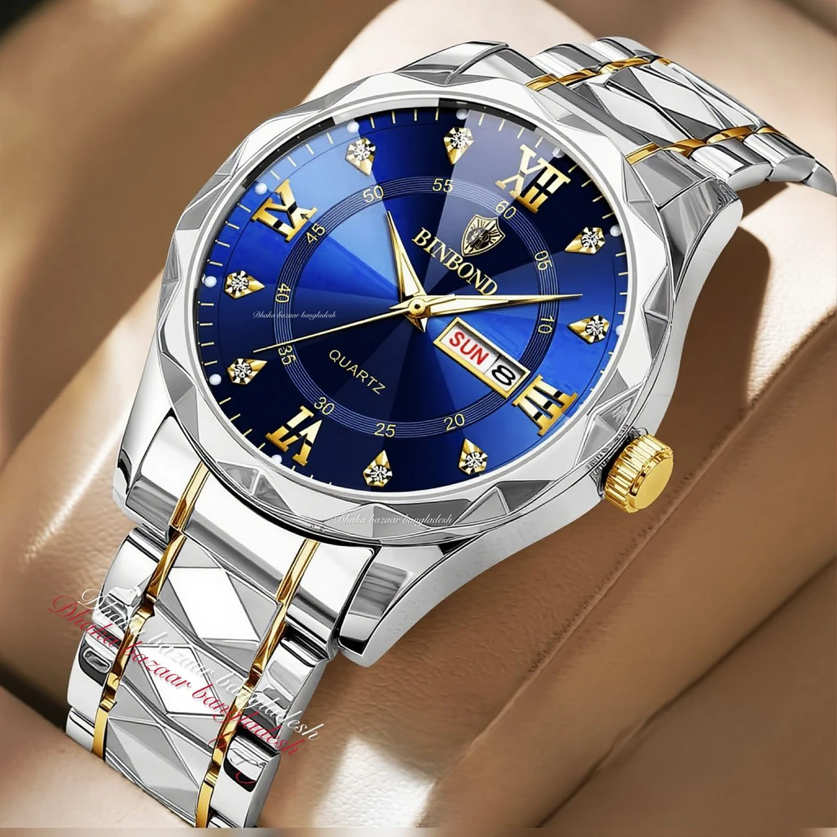 BINBOND 5512 ডায়মন্ড কাটিং এবং বাটারফ্লাই লক নতুন ডিজাইনের পুরুষদের জন্য ঘড়ি SILBER GOLDEN BLUE