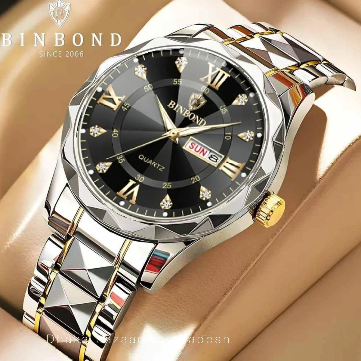 BINBOND 5512 ডায়মন্ড কাটিং এবং বাটারফ্লাই লক নতুন ডিজাইনের পুরুষদের জন্য ঘড়ি SILBER GOLDEN BLACK