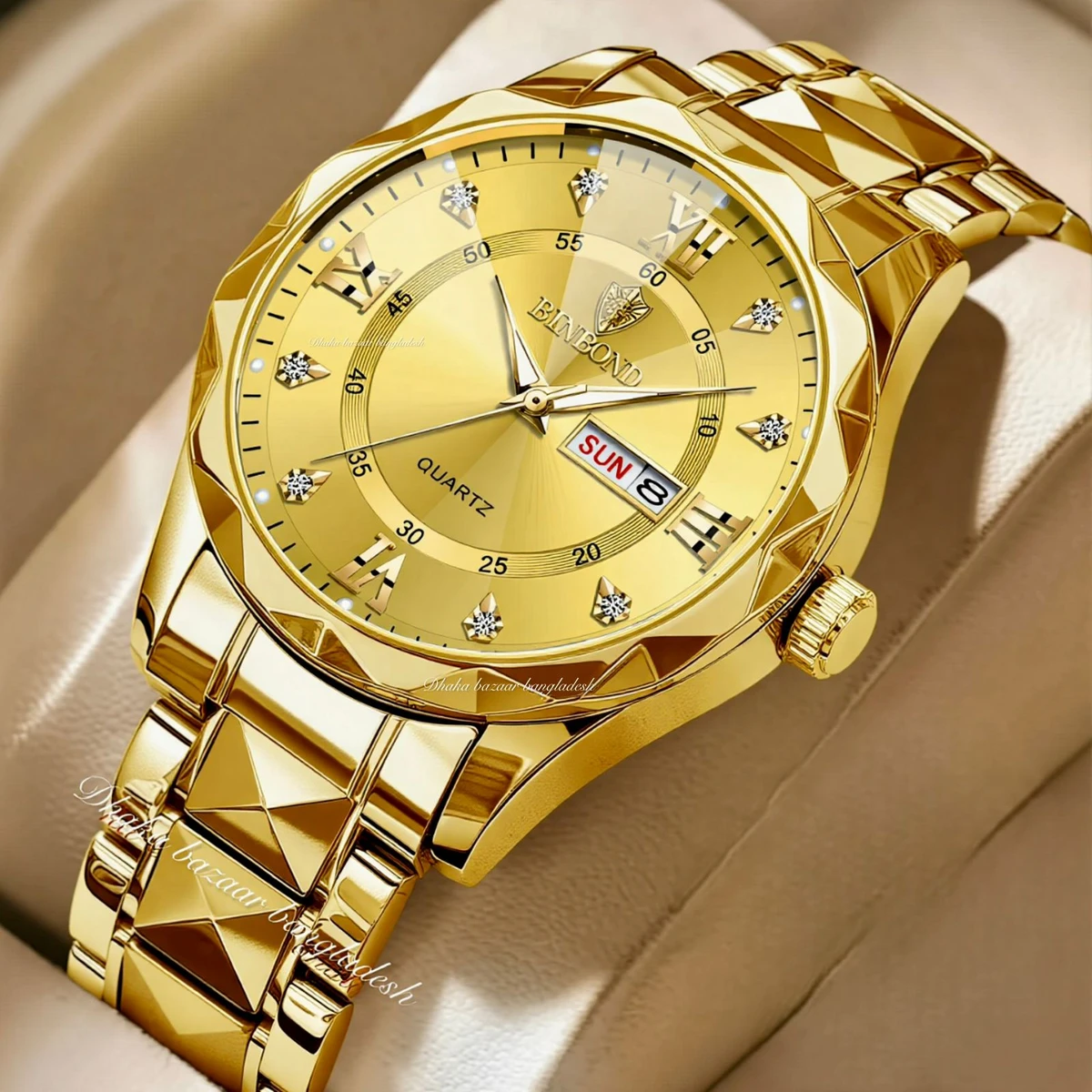 BINBOND 5512 ডায়মন্ড কাটিং এবং বাটারফ্লাই লক নতুন ডিজাইনের পুরুষদের জন্য ঘড়ি GOLDEN