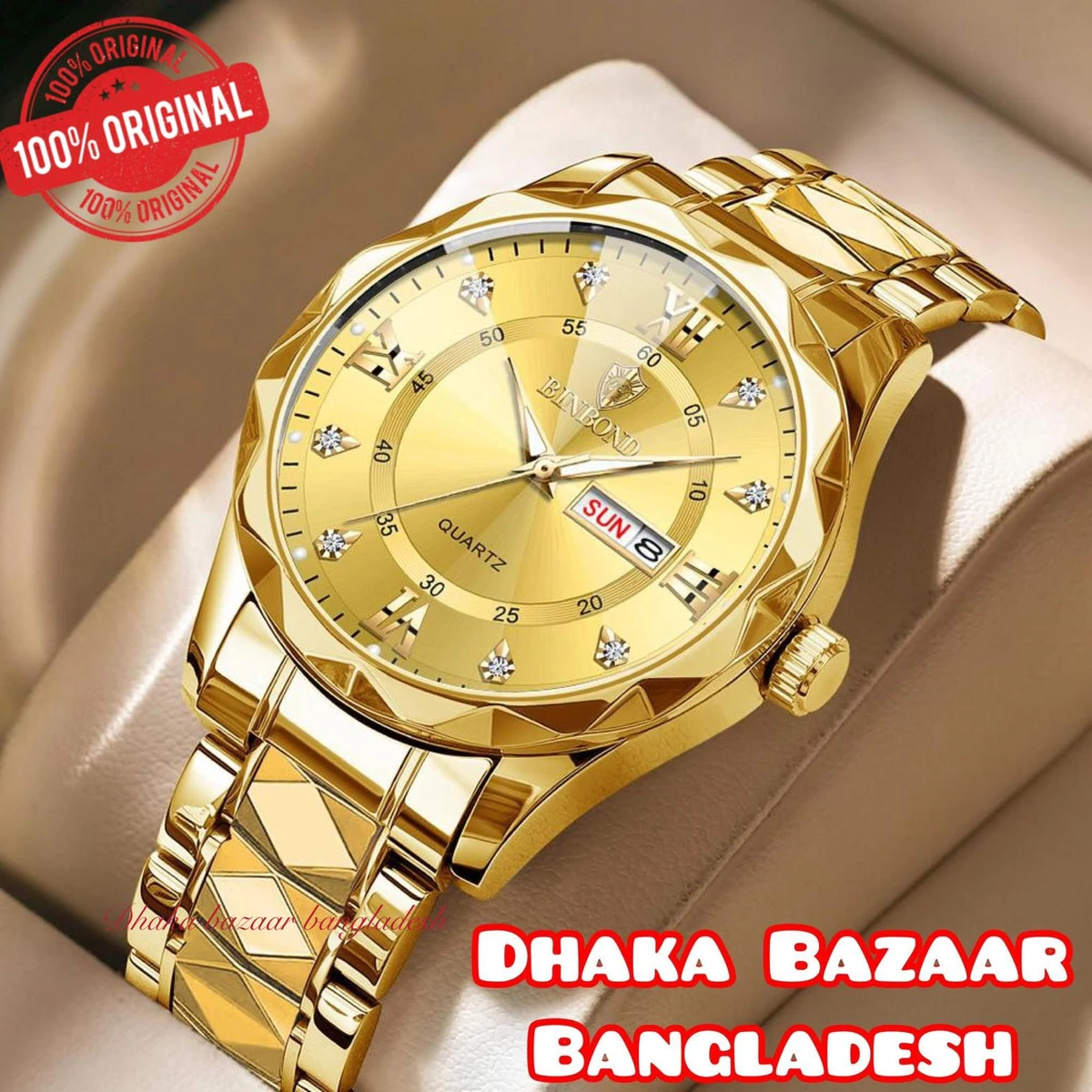 BINBOND 5512 ডায়মন্ড কাটিং এবং বাটারফ্লাই লক নতুন ডিজাইনের পুরুষদের জন্য ঘড়ি GOLDEN