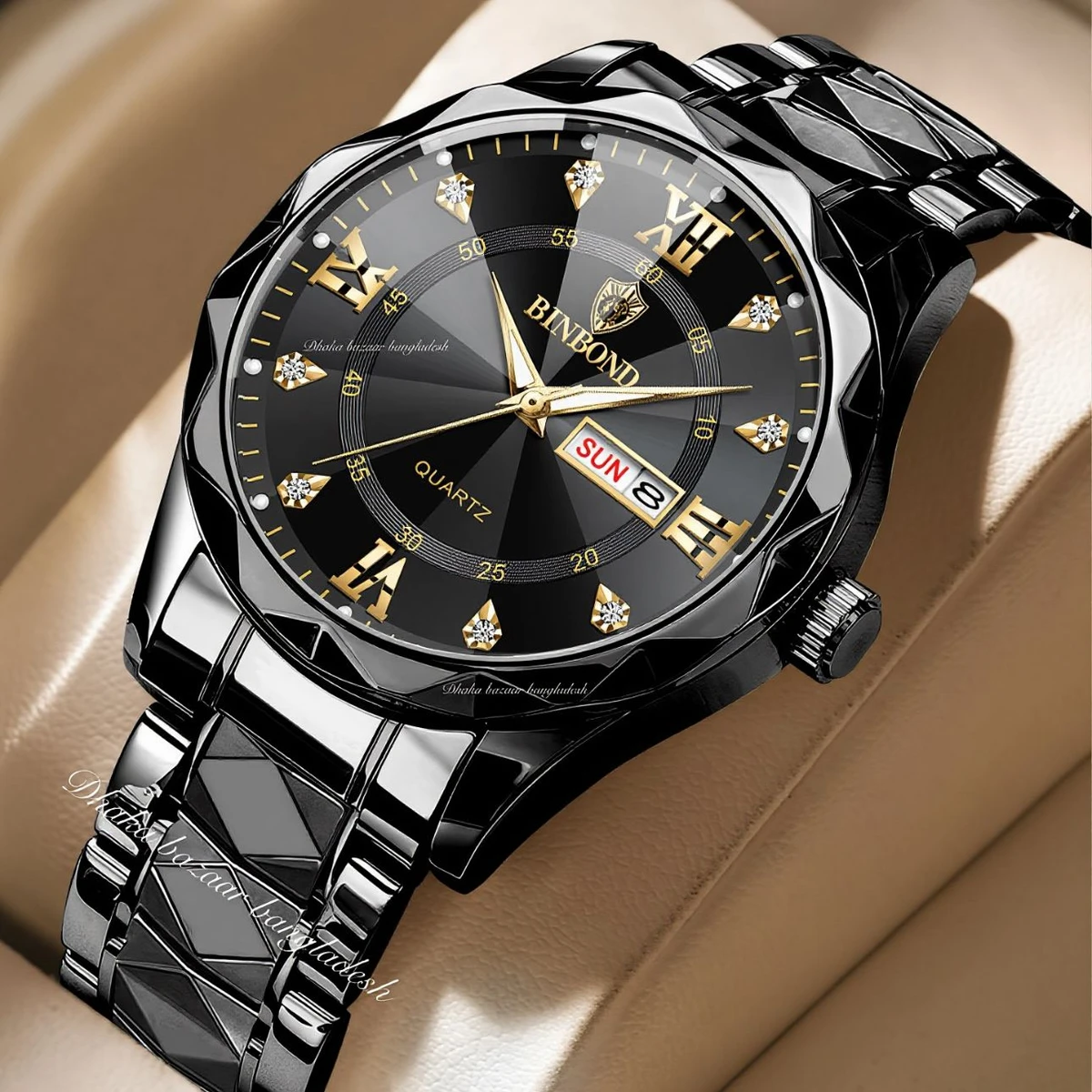 BINBOND 5512 ডায়মন্ড কাটিং এবং বাটারফ্লাই লক নতুন ডিজাইনের পুরুষদের জন্য ঘড়ি BLACK