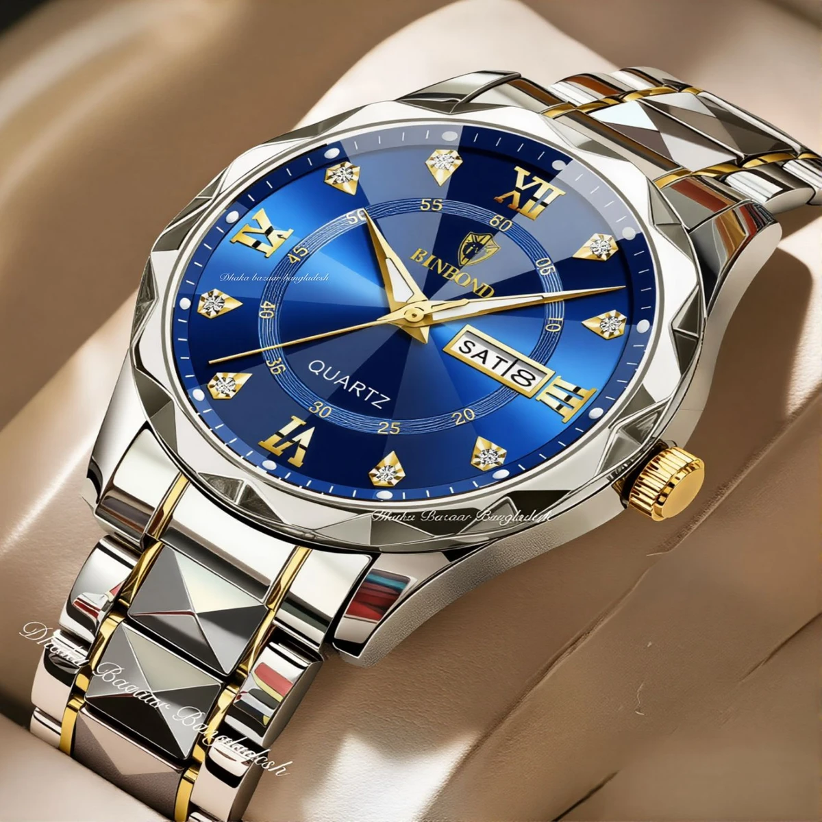 BINBOND 5512 ডায়মন্ড কাটিং এবং বাটারফ্লাই লক নতুন ডিজাইনের পুরুষদের জন্য ঘড়ি SILBER GOLDEN BLUE