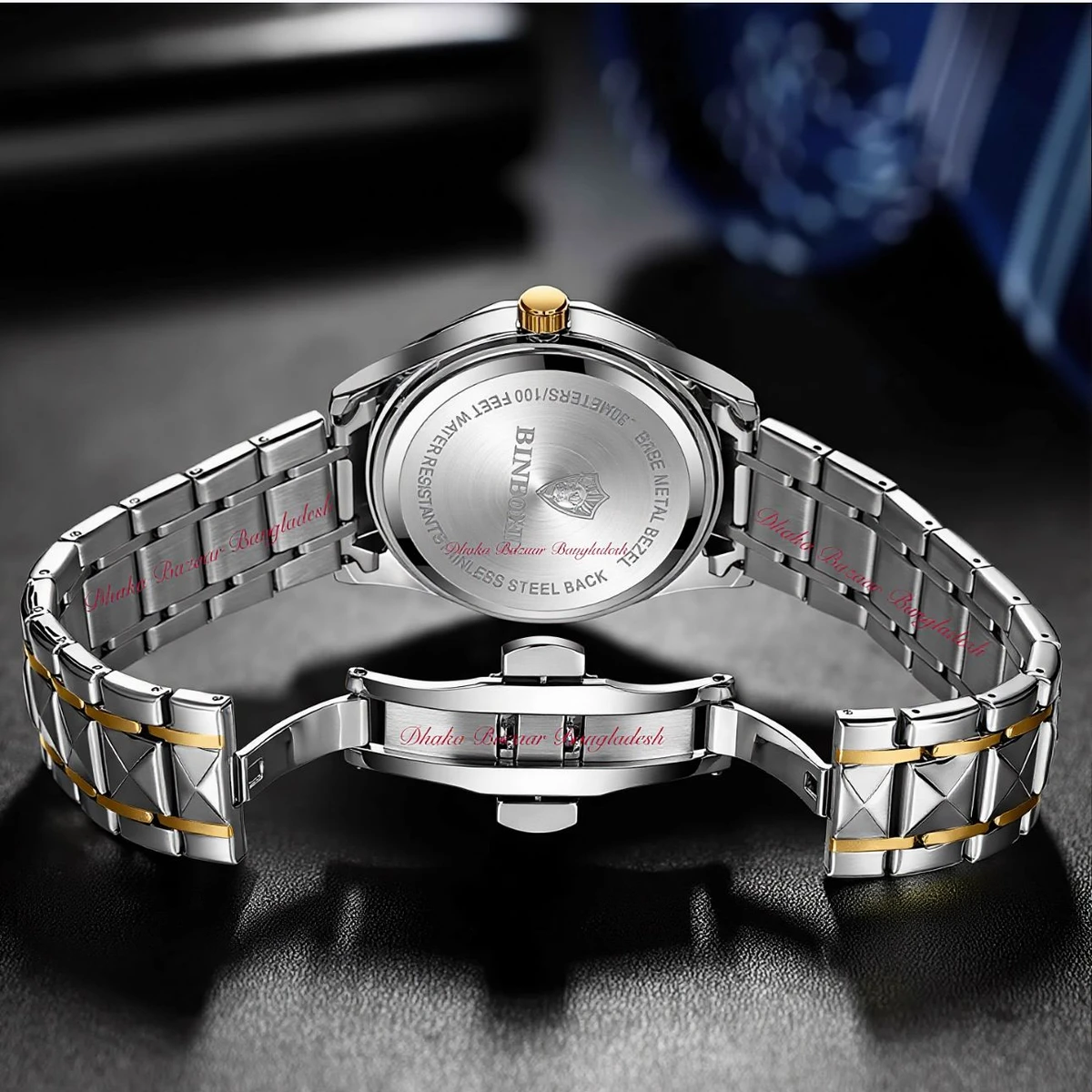 BINBOND 5512 ডায়মন্ড কাটিং এবং বাটারফ্লাই লক নতুন ডিজাইনের পুরুষদের জন্য ঘড়ি SILBER GOLDEN GREEN