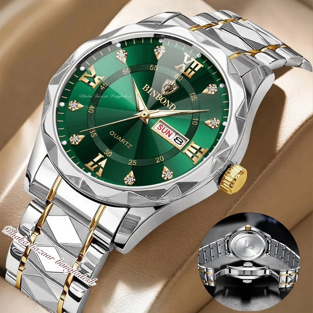 BINBOND 5512 ডায়মন্ড কাটিং এবং বাটারফ্লাই লক নতুন ডিজাইনের পুরুষদের জন্য ঘড়ি SILBER GOLDEN GREEN