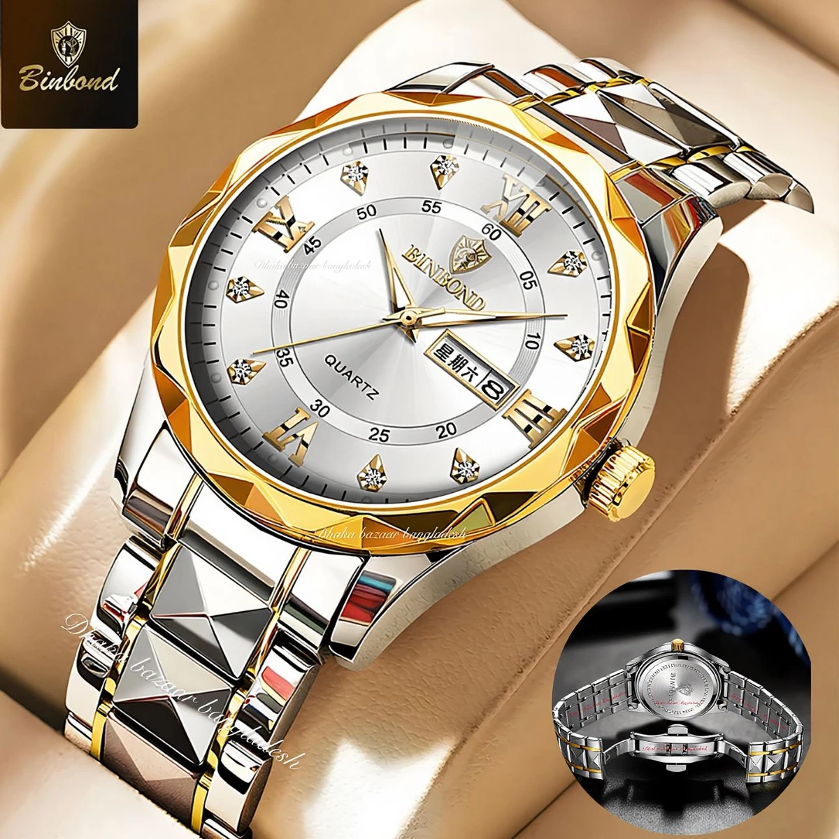 BINBOND 5512 ডায়মন্ড কাটিং এবং বাটারফ্লাই লক নতুন ডিজাইনের পুরুষদের জন্য ঘড়ি SILBER GOLDEN WHITE NEW