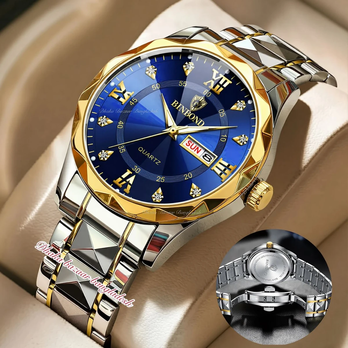 BINBOND 5512 ডায়মন্ড কাটিং এবং বাটারফ্লাই লক নতুন ডিজাইনের পুরুষদের জন্য ঘড়ি SILBER GOLDEN BLUE NEW