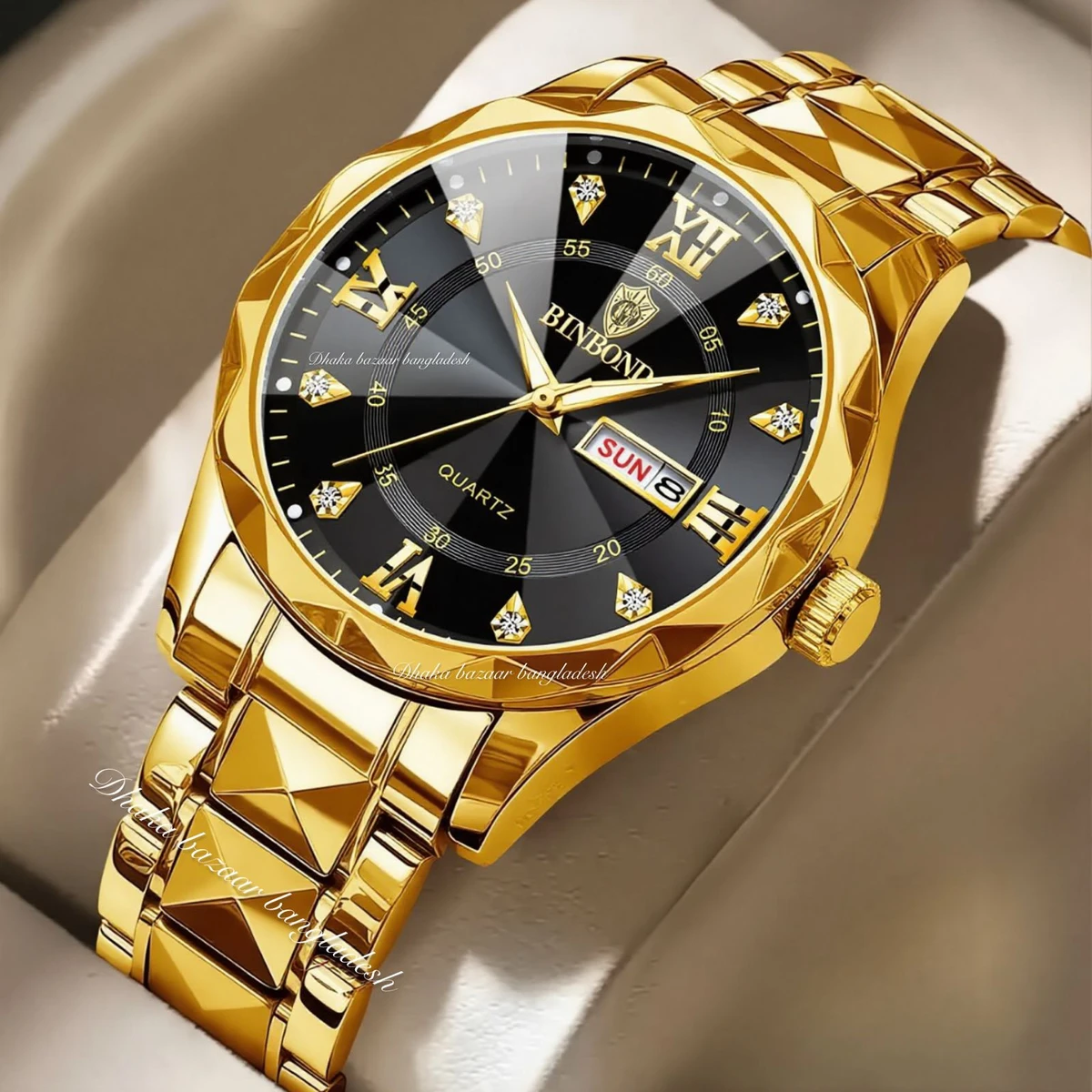 BINBOND 5512 ডায়মন্ড কাটিং এবং বাটারফ্লাই লক নতুন ডিজাইনের পুরুষদের জন্য ঘড়ি GOLDEN BLACK