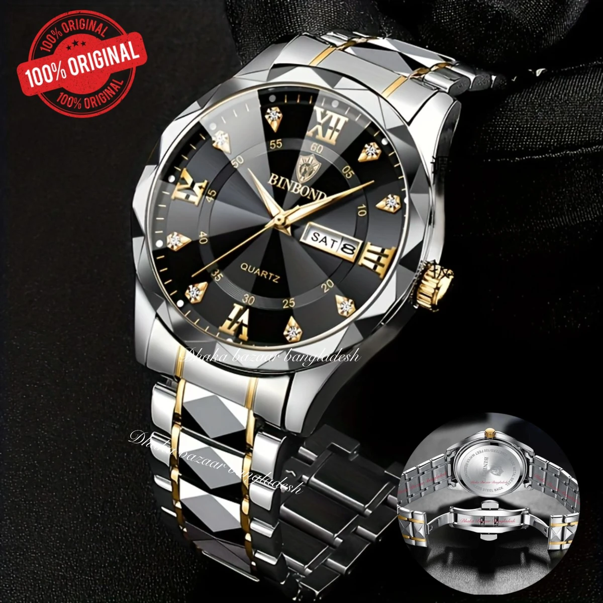 BINBOND 5512 ডায়মন্ড কাটিং এবং বাটারফ্লাই লক নতুন ডিজাইনের পুরুষদের জন্য ঘড়ি SILBER GOLDEN BLACK