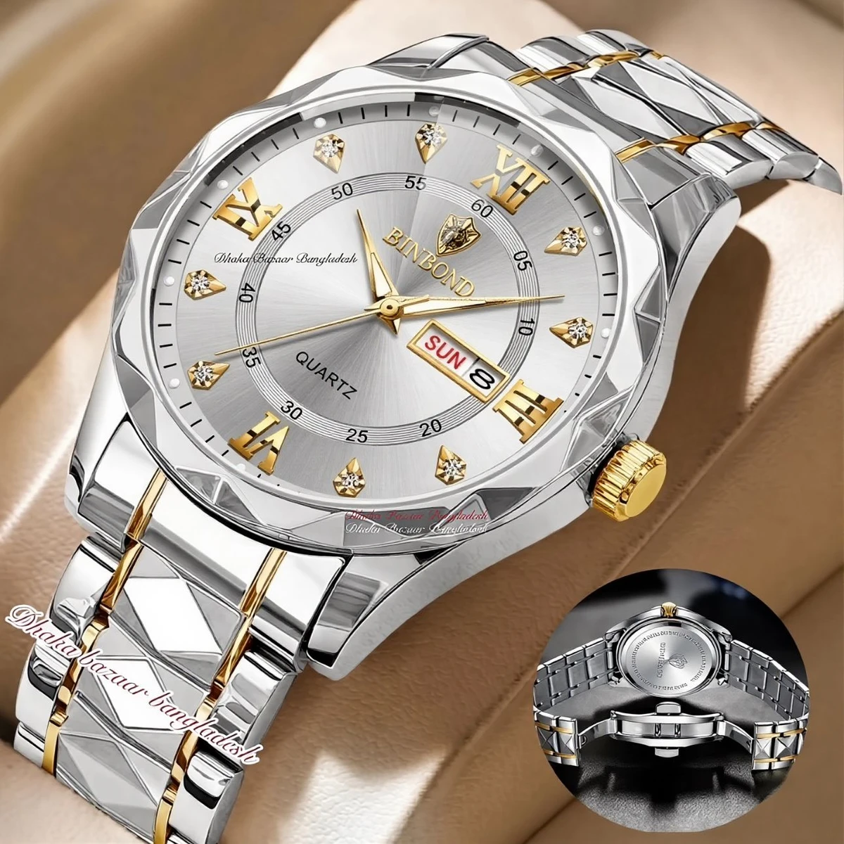 BINBOND 5512 ডায়মন্ড কাটিং এবং বাটারফ্লাই লক নতুন ডিজাইনের পুরুষদের জন্য ঘড়ি SILBER GOLDEN WHITE