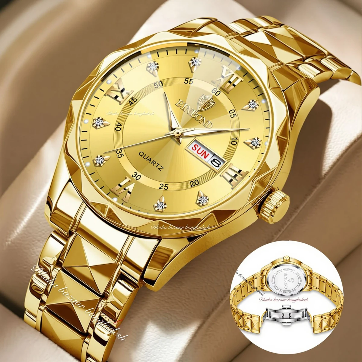 BINBOND 5512 ডায়মন্ড কাটিং এবং বাটারফ্লাই লক নতুন ডিজাইনের পুরুষদের জন্য ঘড়ি GOLDEN