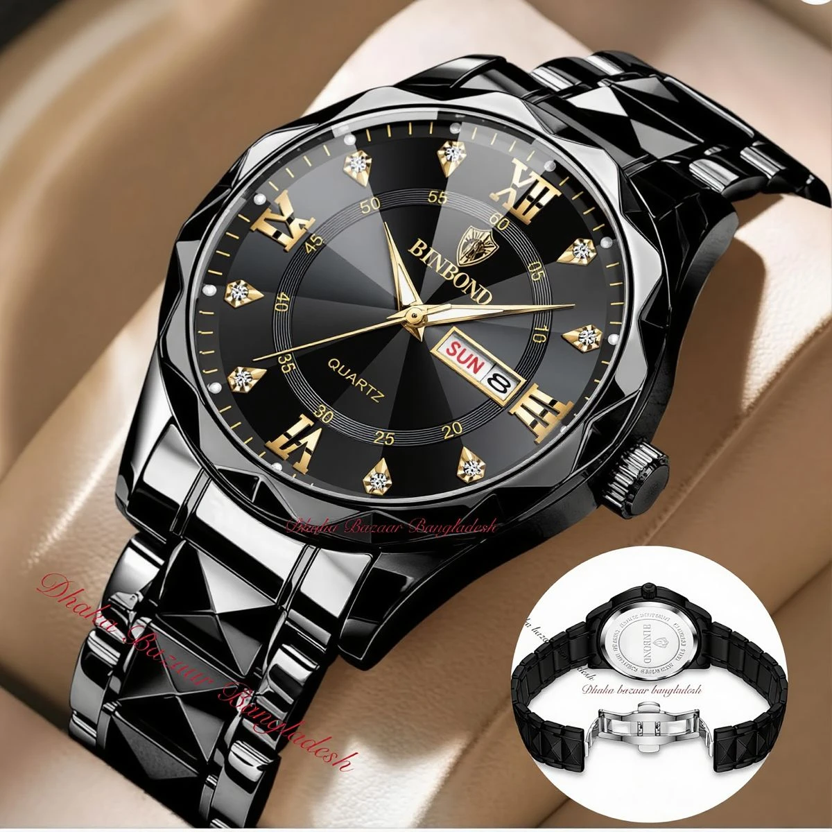 BINBOND 5512 ডায়মন্ড কাটিং এবং বাটারফ্লাই লক নতুন ডিজাইনের পুরুষদের জন্য ঘড়ি BLACK