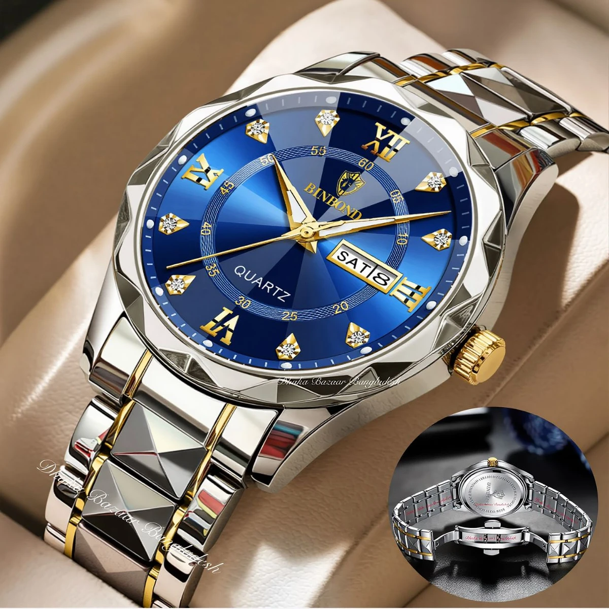 BINBOND 5512 ডায়মন্ড কাটিং এবং বাটারফ্লাই লক নতুন ডিজাইনের পুরুষদের জন্য ঘড়ি SILBER GOLDEN BLUE
