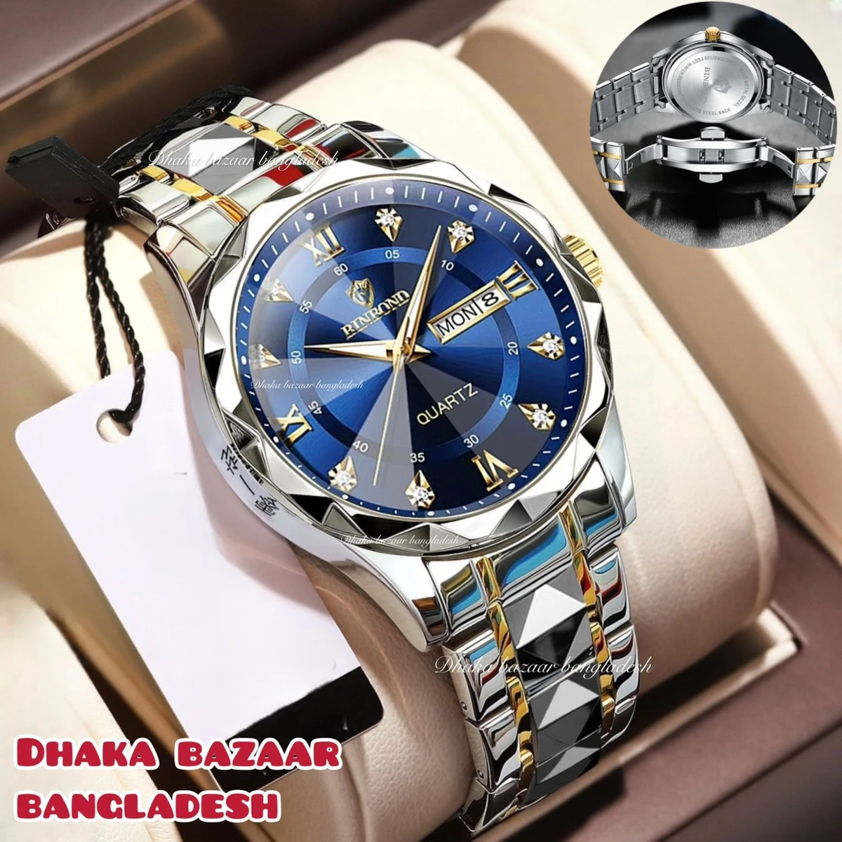 BINBOND 5512 ডায়মন্ড কাটিং এবং বাটারফ্লাই লক নতুন ডিজাইনের পুরুষদের জন্য ঘড়ি SILBER GOLDEN BLUE