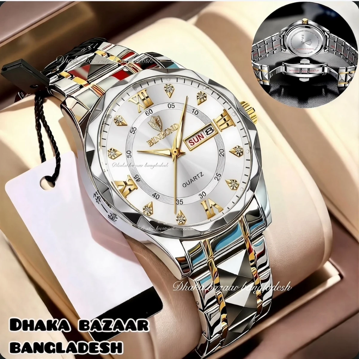BINBOND 5512 ডায়মন্ড কাটিং এবং বাটারফ্লাই লক নতুন ডিজাইনের পুরুষদের জন্য ঘড়ি SILBER GOLDEN WHITE