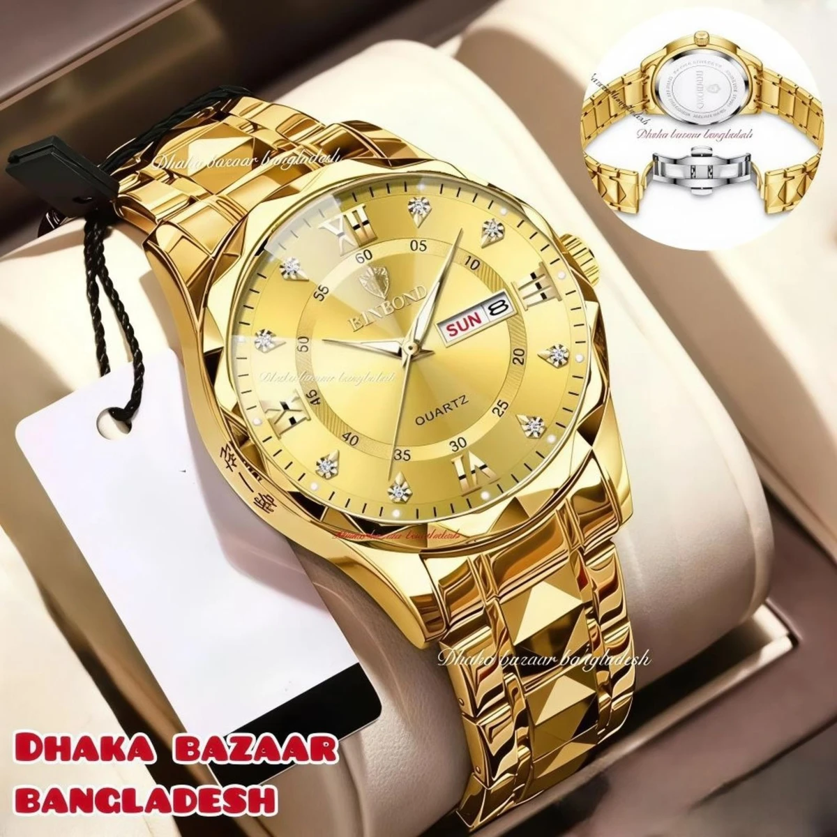 BINBOND 5512 ডায়মন্ড কাটিং এবং বাটারফ্লাই লক নতুন ডিজাইনের পুরুষদের জন্য ঘড়ি GOLDEN