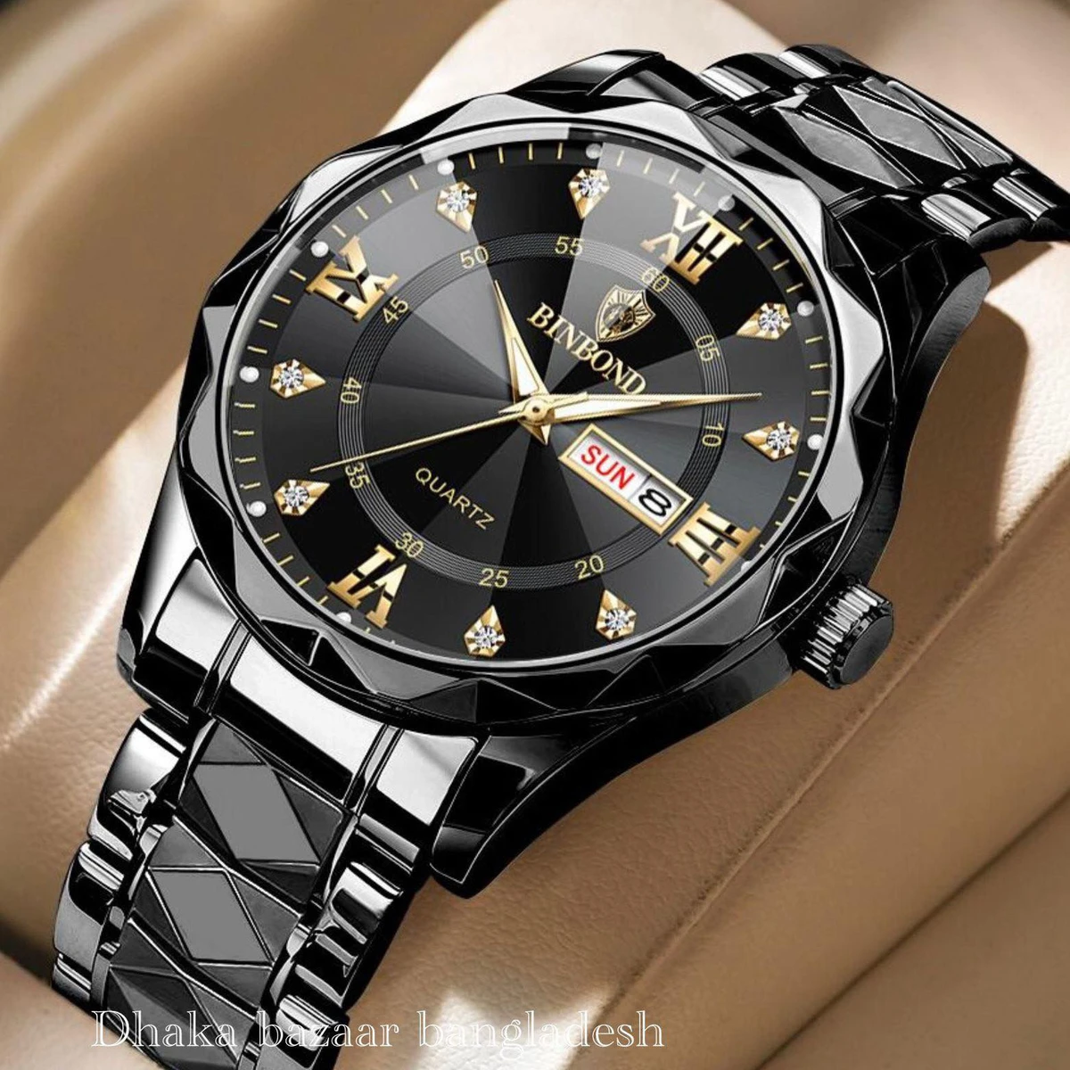 BINBOND 5512 ডায়মন্ড কাটিং এবং বাটারফ্লাই লক নতুন ডিজাইনের পুরুষদের জন্য ঘড়ি BLACK