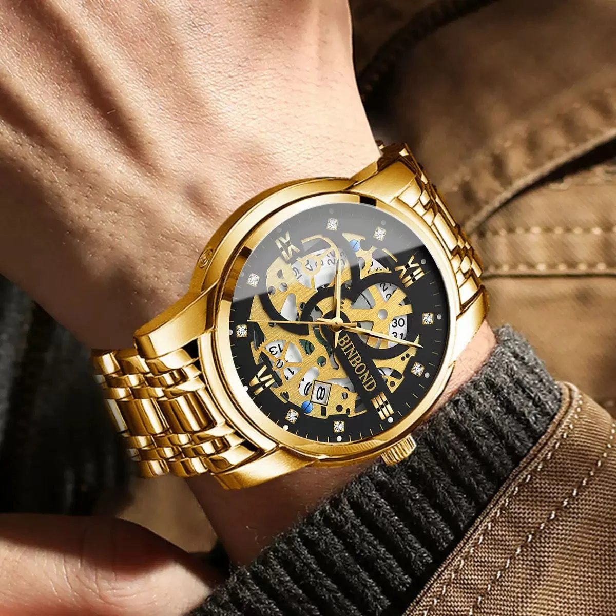 BINBOND BB12 পুরুষের জন্য নন মেকানিক্যাল ওয়াটার প্রুফ ঘড়ি GOLDEN BLACK