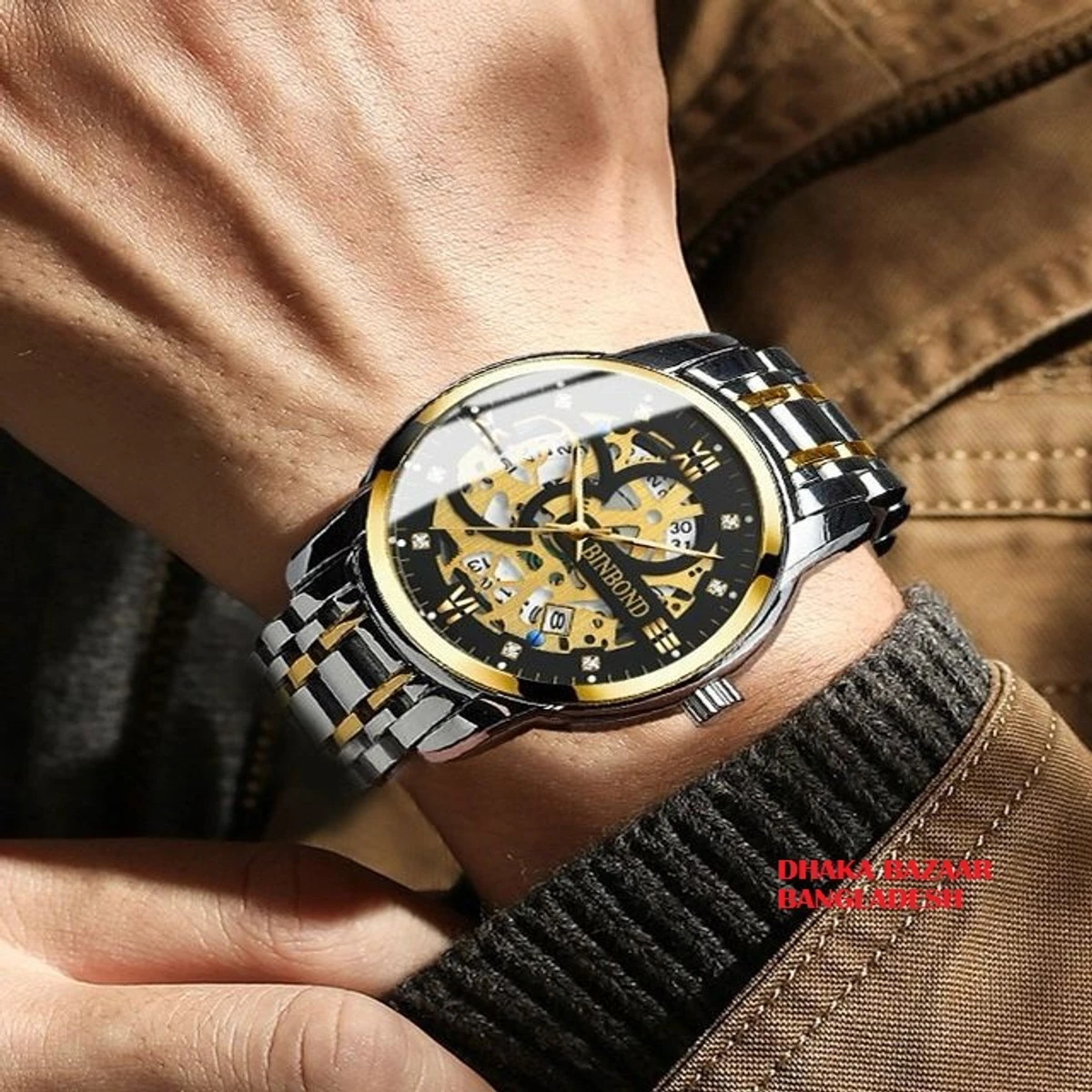 BINBOND BB12 পুরুষের জন্য নন মেকানিক্যাল ওয়াটার প্রুফ ঘড়ি SILVER GOLDEN BLACK