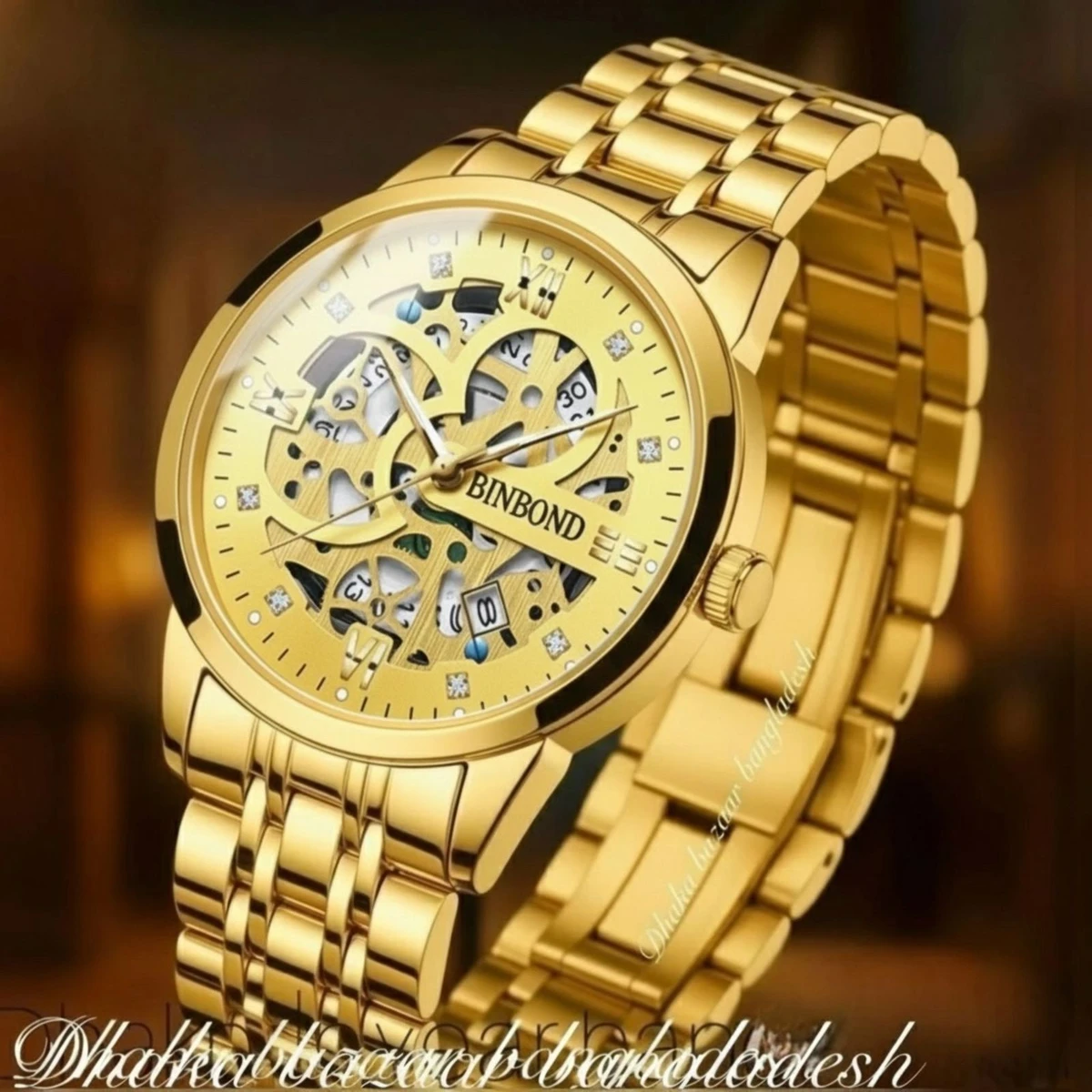 BINBOND BB12 পুরুষের জন্য নন মেকানিক্যাল ওয়াটার প্রুফ ঘড়ি GOLDEN