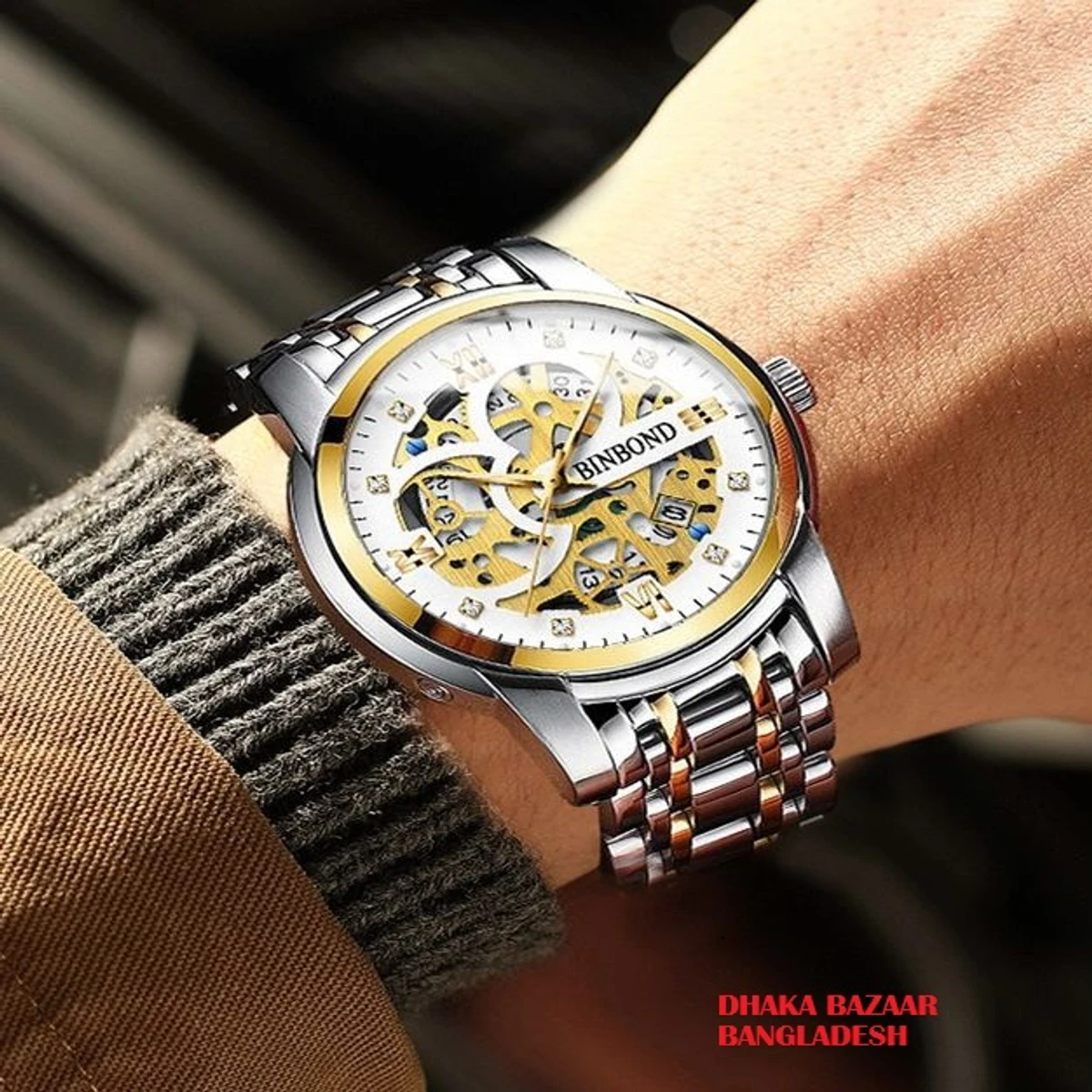 BINBOND BB12 পুরুষের জন্য নন মেকানিক্যাল ওয়াটার প্রুফ ঘড়ি SILVER GOLDEN WHITE