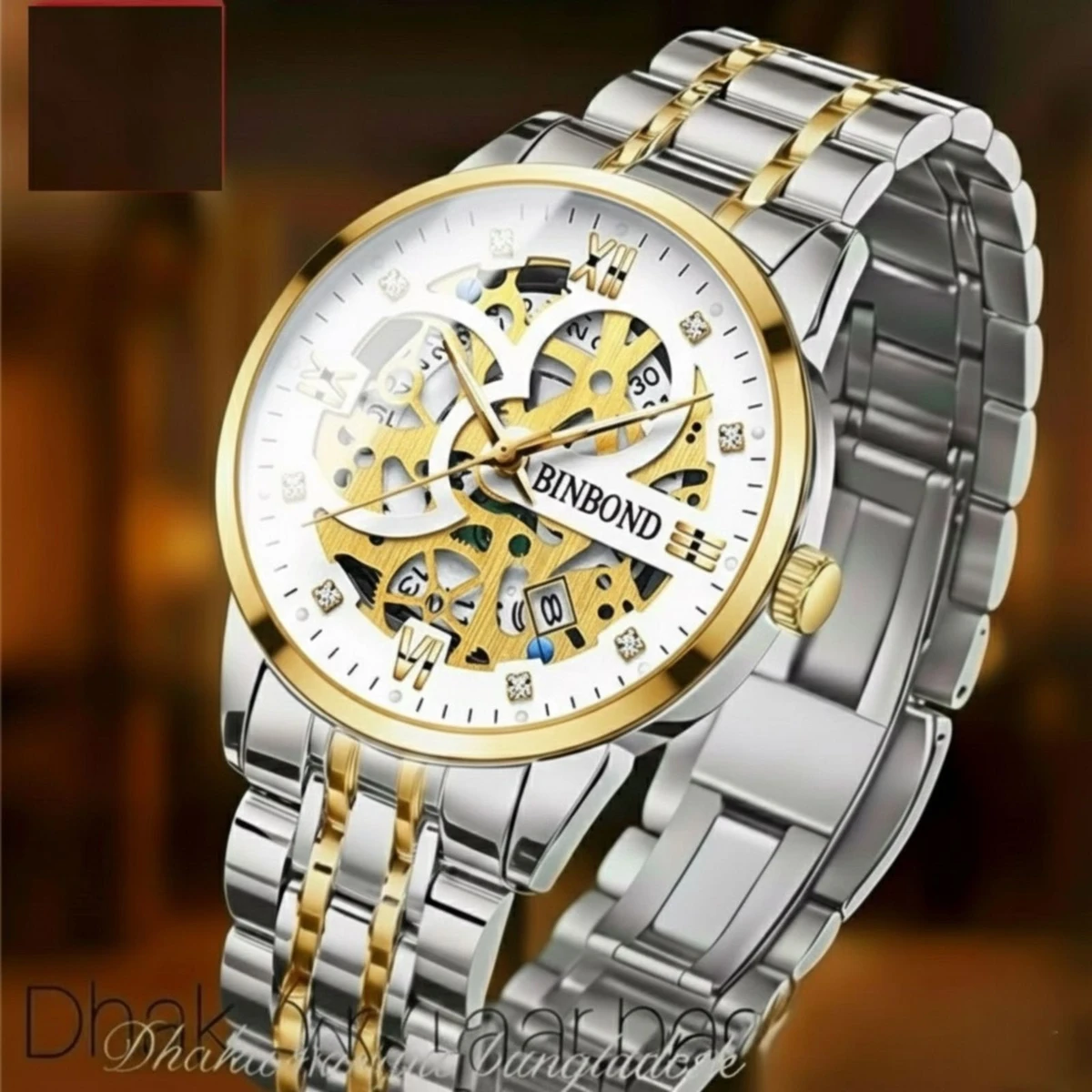 BINBOND BB12 পুরুষের জন্য নন মেকানিক্যাল ওয়াটার প্রুফ ঘড়ি SILVER GOLDEN WHITE