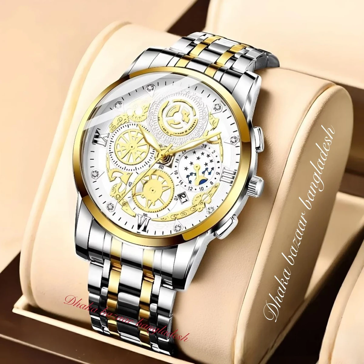 OLIVEZ 5233A পুরুষের জন্য নন মেকানিক্যাল ওয়াটার প্রুফ ঘড়ি SILVER GOLDEN WHITE