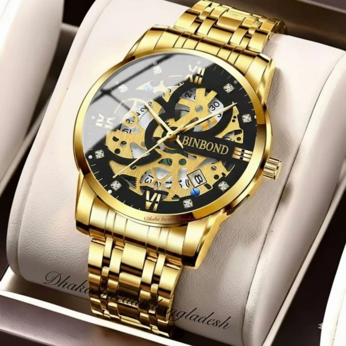 BINBOND BB12 পুরুষের জন্য নন মেকানিক্যাল ওয়াটার প্রুফ ঘড়ি GOLDEN BLACK