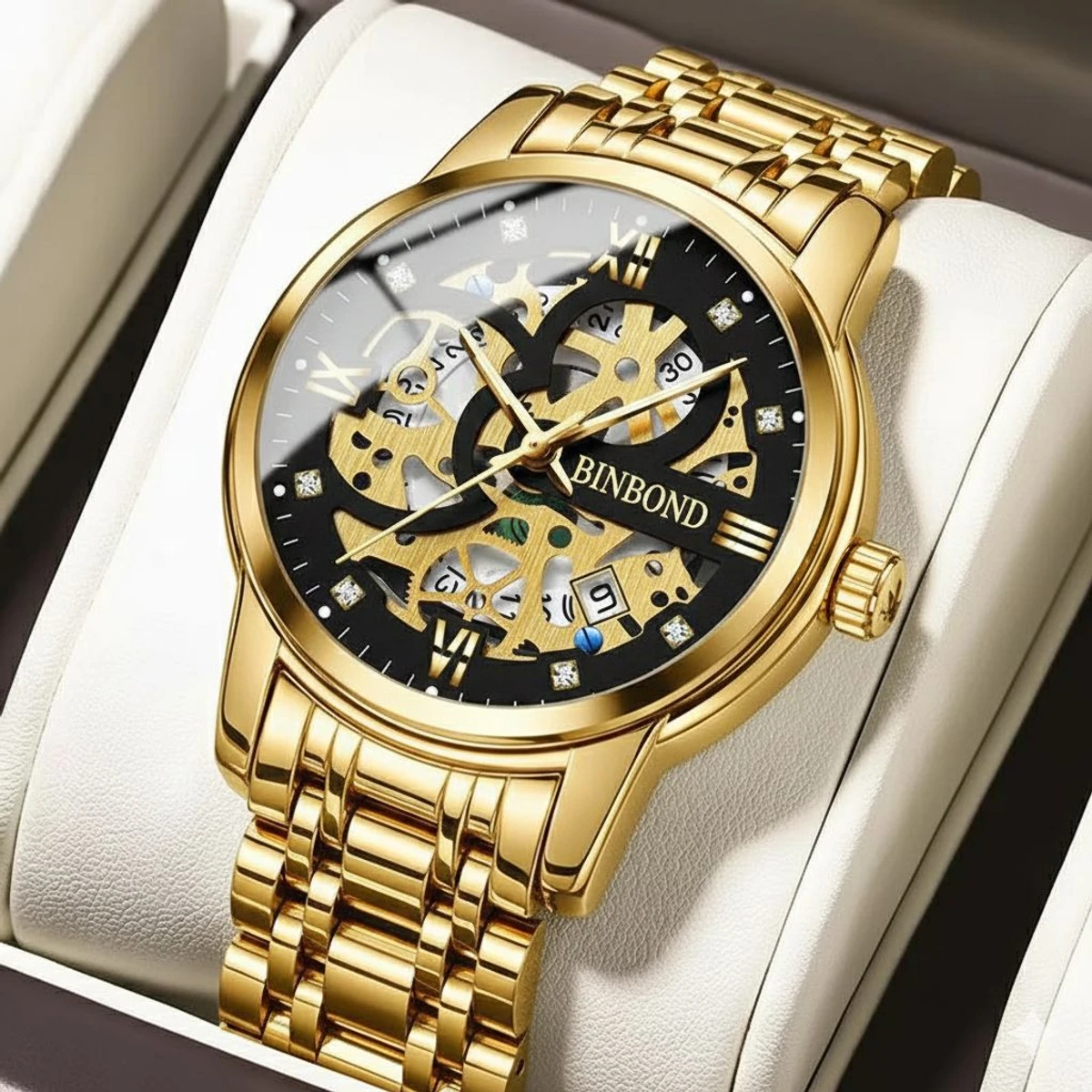BINBOND BB12 PRO পুরুষের জন্য নন মেকানিক্যাল ওয়াটার প্রুফ ঘড়ি GOLDEN BLACK