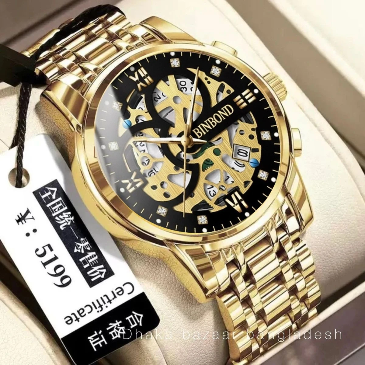 BINBOND BB12 PRO পুরুষের জন্য নন মেকানিক্যাল ওয়াটার প্রুফ ঘড়ি GOLDEN BLACK