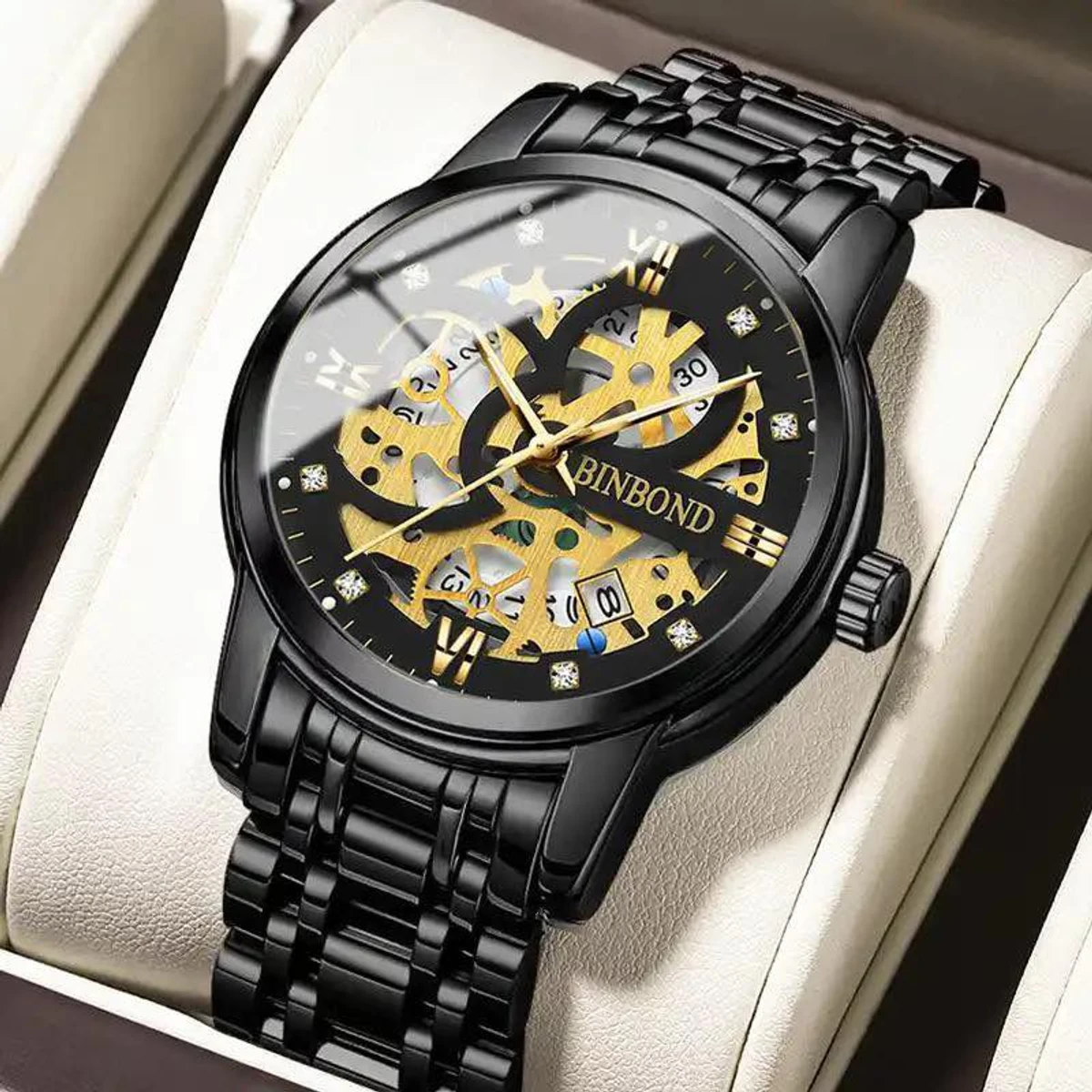 BINBOND BB12 PRO পুরুষের জন্য নন মেকানিক্যাল ওয়াটার প্রুফ ঘড়ি BLACK