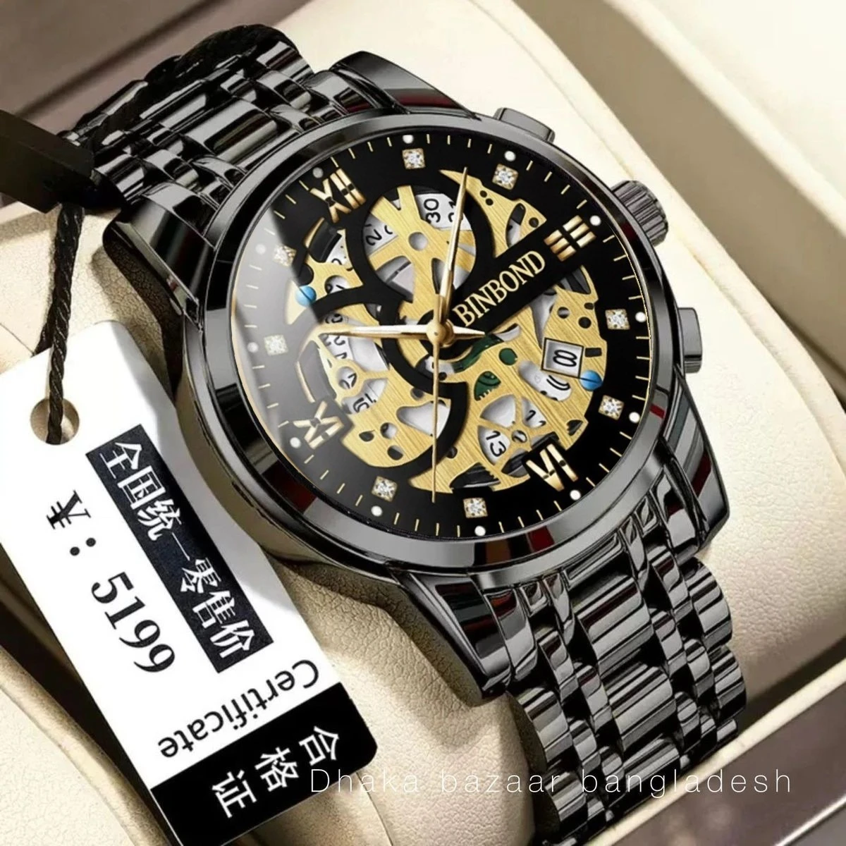 BINBOND BB12 PRO পুরুষের জন্য নন মেকানিক্যাল ওয়াটার প্রুফ ঘড়ি BLACK
