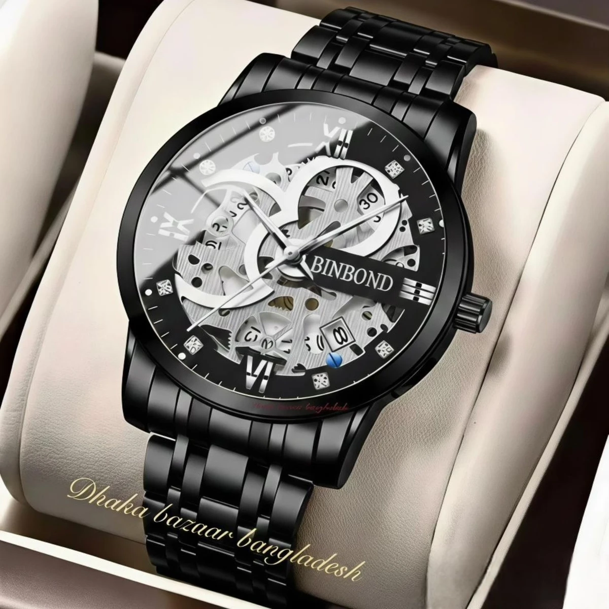 BINBOND BB12 পুরুষের জন্য নন মেকানিক্যাল ওয়াটার প্রুফ ঘড়ি BLACK