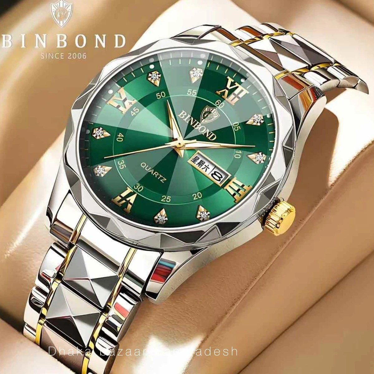BINBOND 5512 ডায়মন্ড কাটিং এবং বাটারফ্লাই লক নতুন ডিজাইনের পুরুষদের জন্য ঘড়ি SILBER GOLDEN GREEN