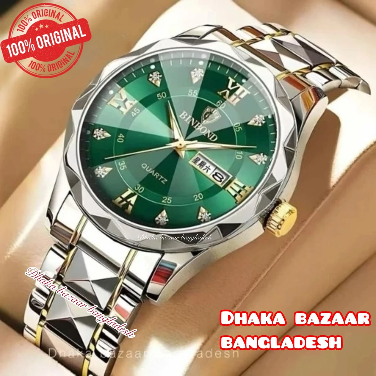 BINBOND 5512 ডায়মন্ড কাটিং এবং বাটারফ্লাই লক নতুন ডিজাইনের পুরুষদের জন্য ঘড়ি SILBER GOLDEN GREEN
