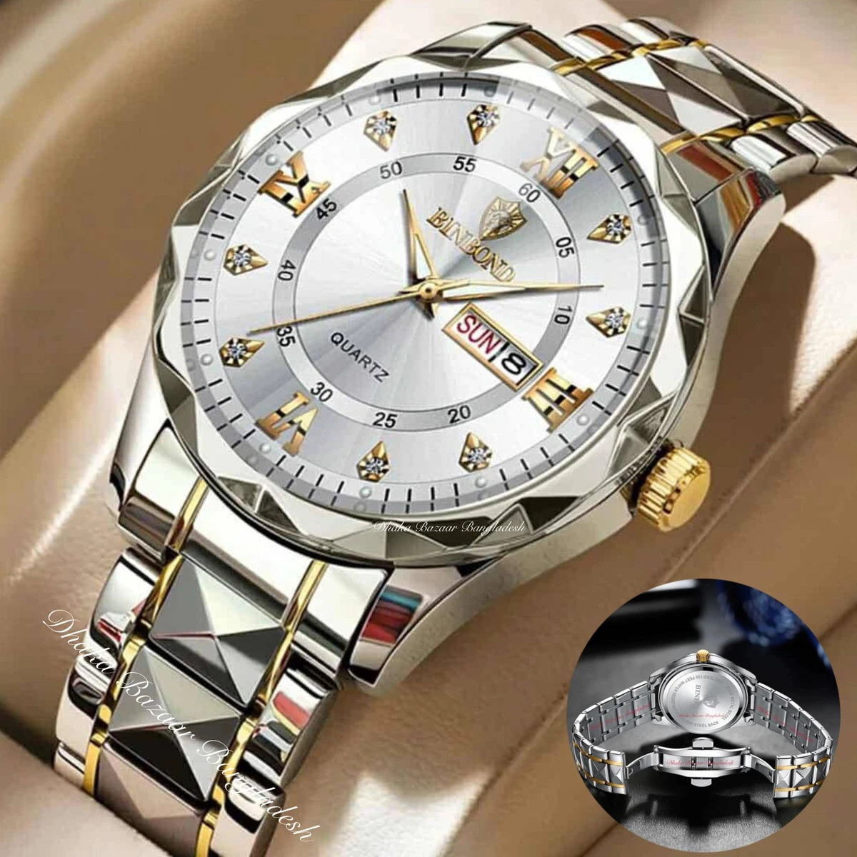 BINBOND 5512 ডায়মন্ড কাটিং এবং বাটারফ্লাই লক নতুন ডিজাইনের পুরুষদের জন্য ঘড়ি SILBER GOLDEN WHITE