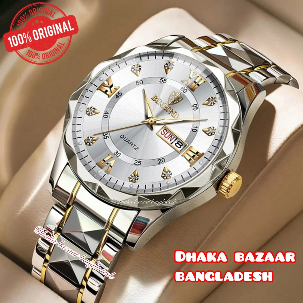 BINBOND 5512 ডায়মন্ড কাটিং এবং বাটারফ্লাই লক নতুন ডিজাইনের পুরুষদের জন্য ঘড়ি SILBER GOLDEN WHITE