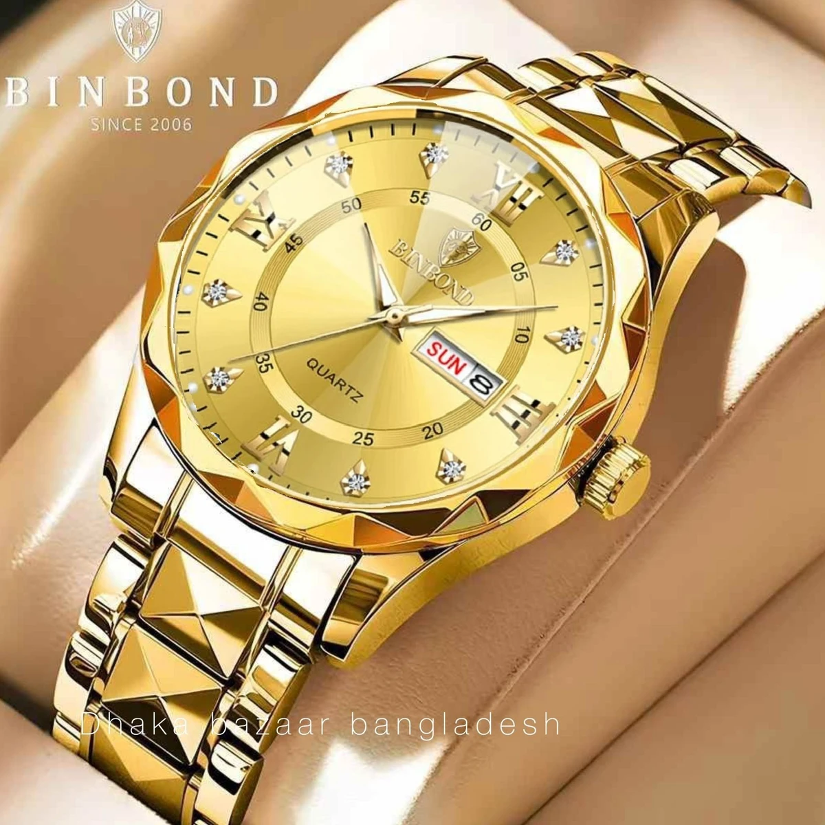 BINBOND 5512 ডায়মন্ড কাটিং এবং বাটারফ্লাই লক নতুন ডিজাইনের পুরুষদের জন্য ঘড়ি  GOLDEN