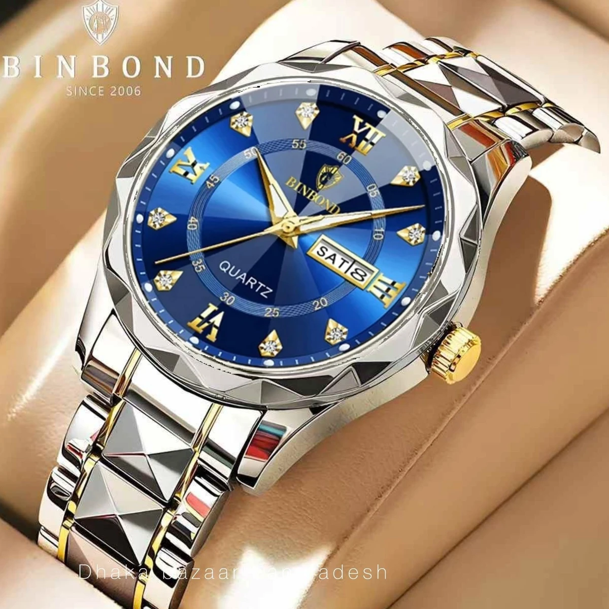 BINBOND 5512 ডায়মন্ড কাটিং এবং বাটারফ্লাই লক নতুন ডিজাইনের পুরুষদের জন্য ঘড়ি SILBER GOLDEN BLUE