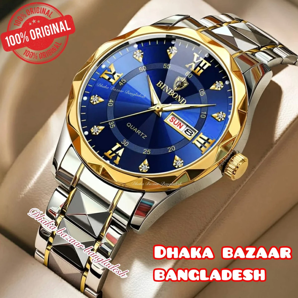 BINBOND 5512 ডায়মন্ড কাটিং এবং বাটারফ্লাই লক নতুন ডিজাইনের পুরুষদের জন্য ঘড়ি SILBER GOLDEN BLUE NEW