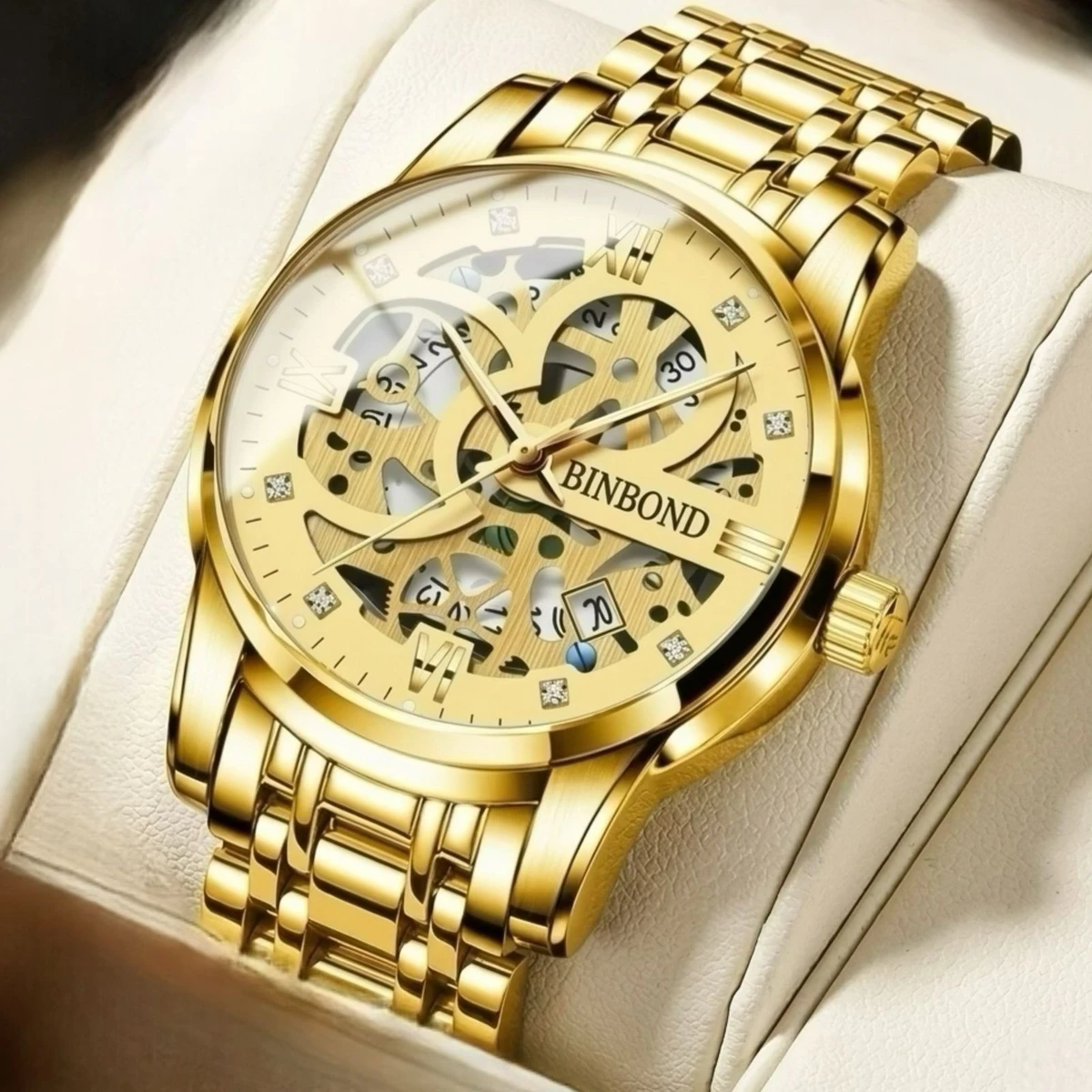 BINBOND BB12 পুরুষের জন্য নন মেকানিক্যাল ওয়াটার প্রুফ ঘড়ি GOLDEN