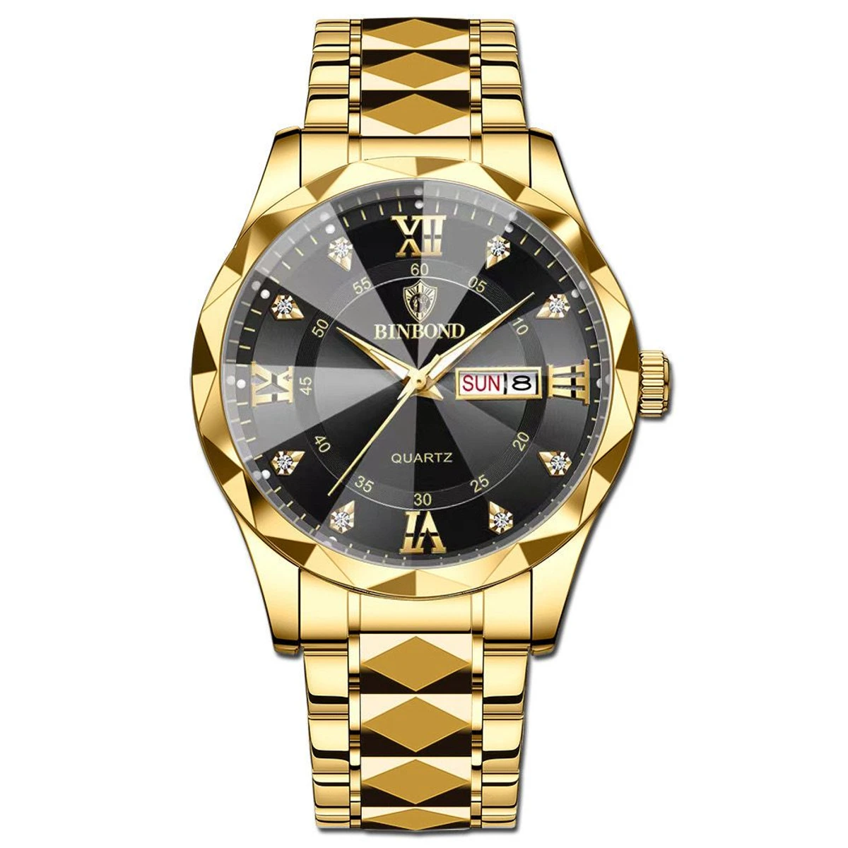 BINBOND 5512 ডায়মন্ড কাটিং এবং বাটারফ্লাই লক নতুন ডিজাইনের পুরুষদের জন্য ঘড়ি GOLDEN BLACK