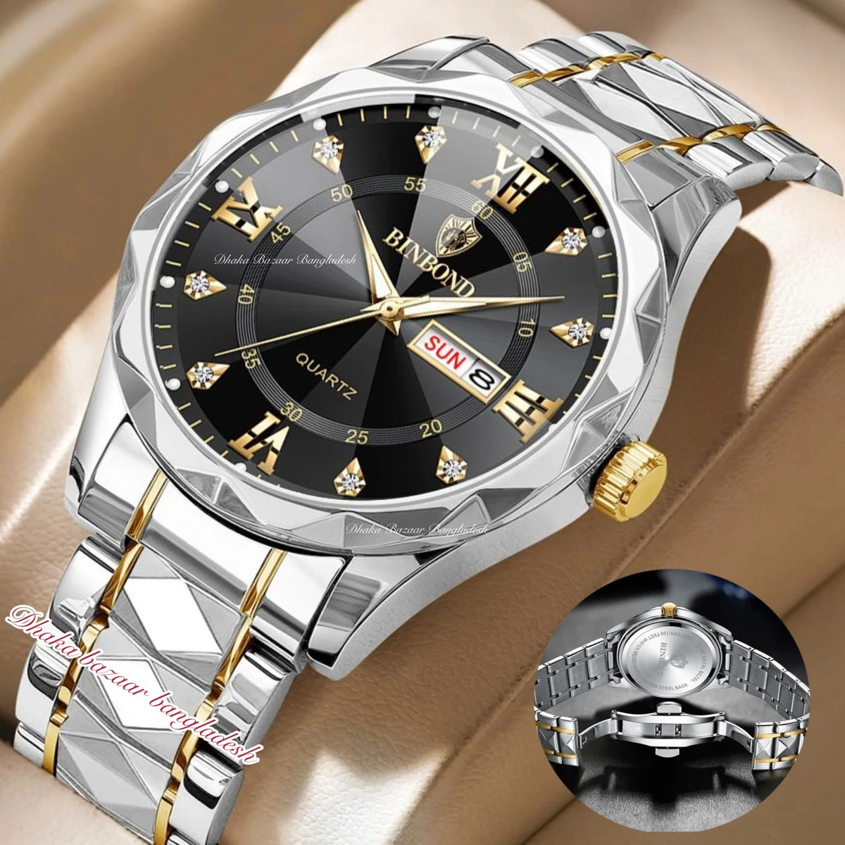 BINBOND 5512 ডায়মন্ড কাটিং এবং বাটারফ্লাই লক নতুন ডিজাইনের পুরুষদের জন্য ঘড়ি SILBER GOLDEN BLACK