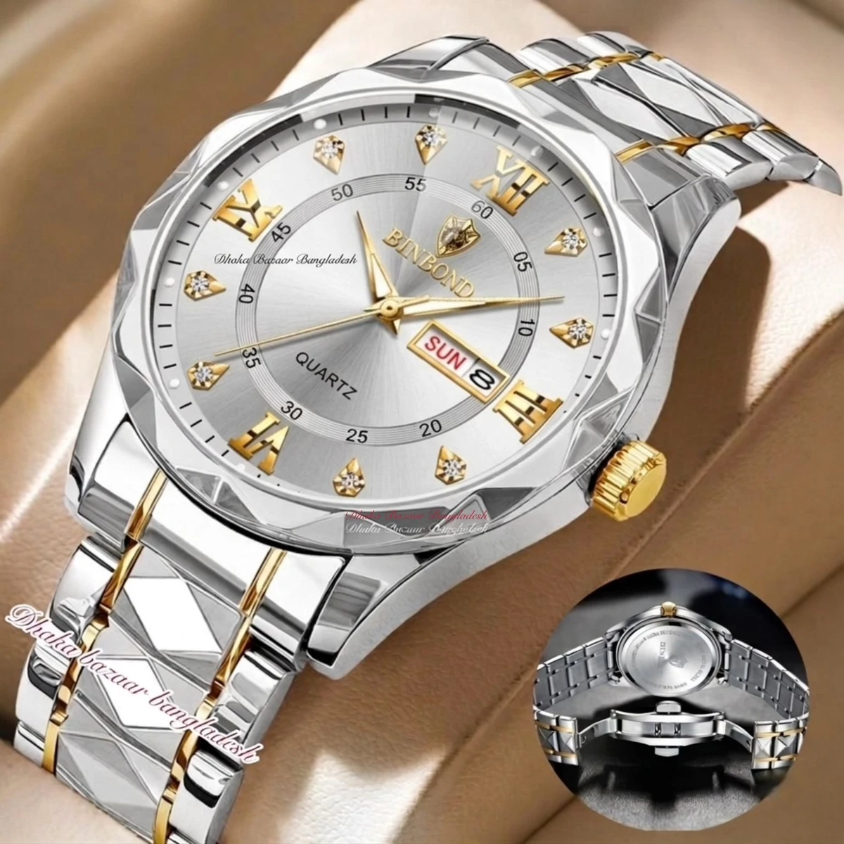 BINBOND 5512 ডায়মন্ড কাটিং এবং বাটারফ্লাই লক নতুন ডিজাইনের পুরুষদের জন্য ঘড়ি SILBER GOLDEN WHITE